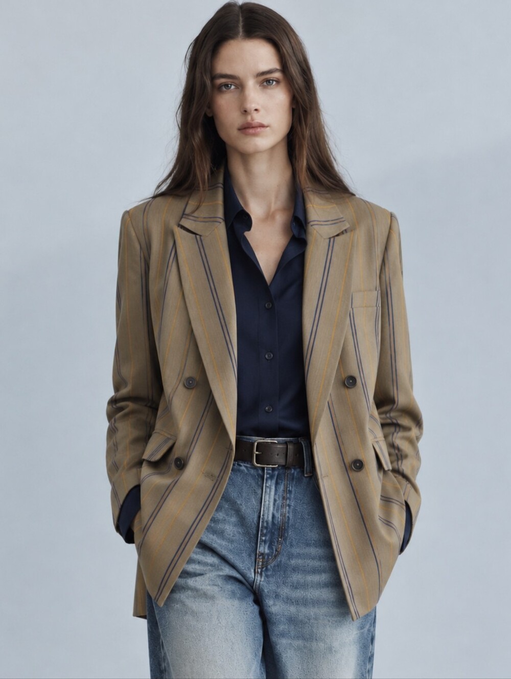 Zara Double Breasted Striped Blazer Taupe Navy Tailored Size Small